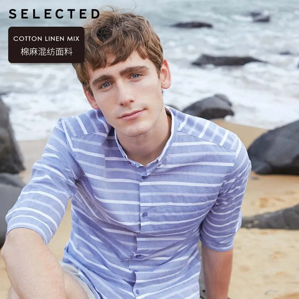 SELECTED Men's Cotton & Linen Blended Striped 3/4 Sleeves Casual Cropped Shirt C|419131509 SELECTED Men's Cotton & Linen Blended Striped 3/4 Sleeves Casual Cropped Shirt C|419131509