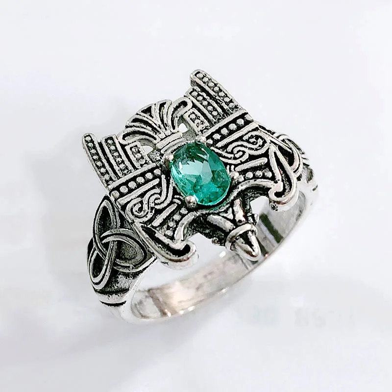 

Retro Silver zircon ring Light green gem ring Women's pattern ring Cocktail party jewelry Valentine's Day gift