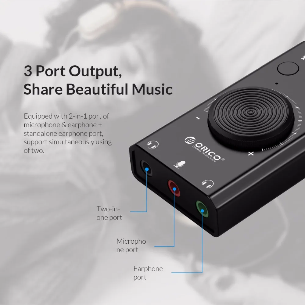 Внешняя звуковая USB карта ORICO портативная 2 в 1 с микрофоном наушниками и 3