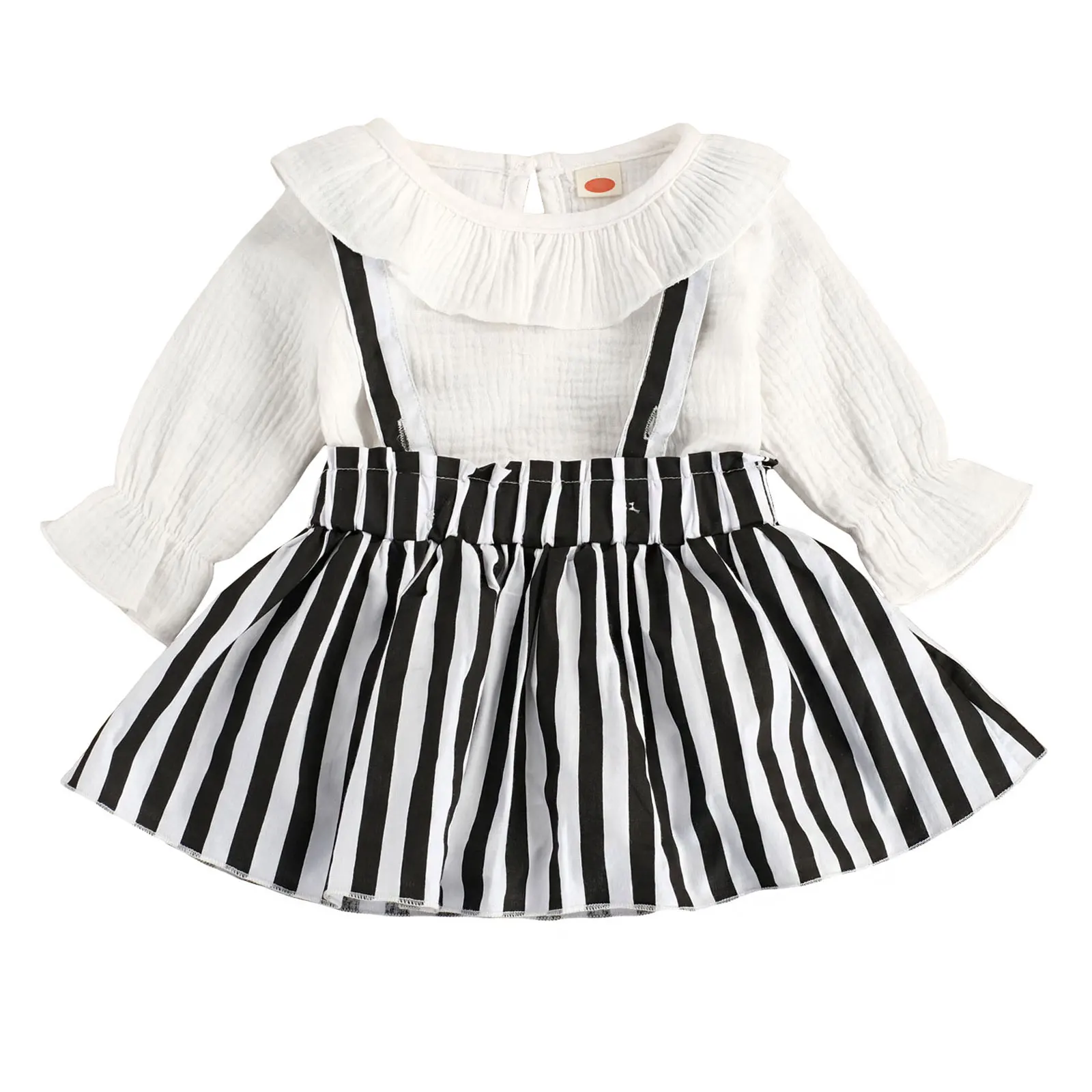 

2020 New Fall Autumn 0-24M Toddler Baby Girl 2Pcs Set Striped Suspender Skirt+Ruffled Round Neck Lantern Long Sleeve Bodysuit