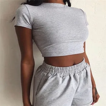 

New Women’s Sports Two Piece Set Jogger Fitness Set Solid Color Round Neck Short Sleeve Top High Waist Short Pants