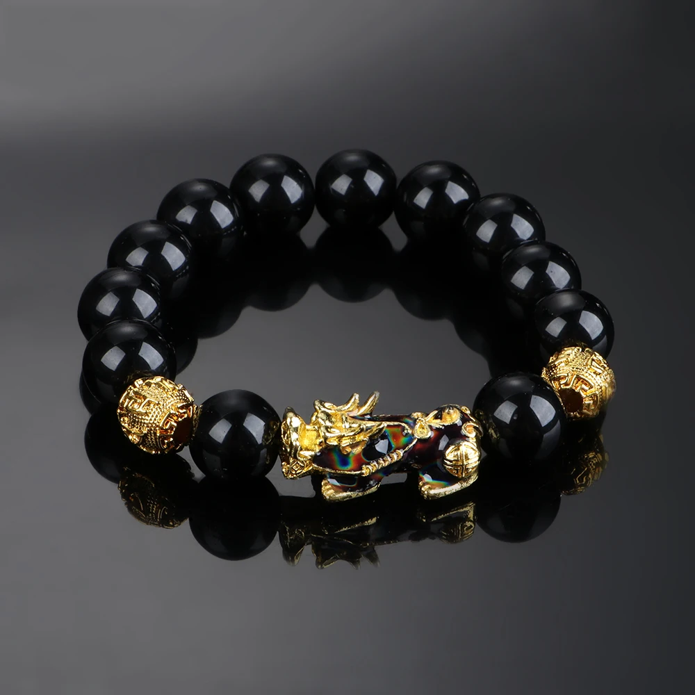 Black Beads Bracelet Gold-Plating Black Chain with Pi Xiu mascot Pendant Attract Good Luck Feng Shui Jewelry Gift