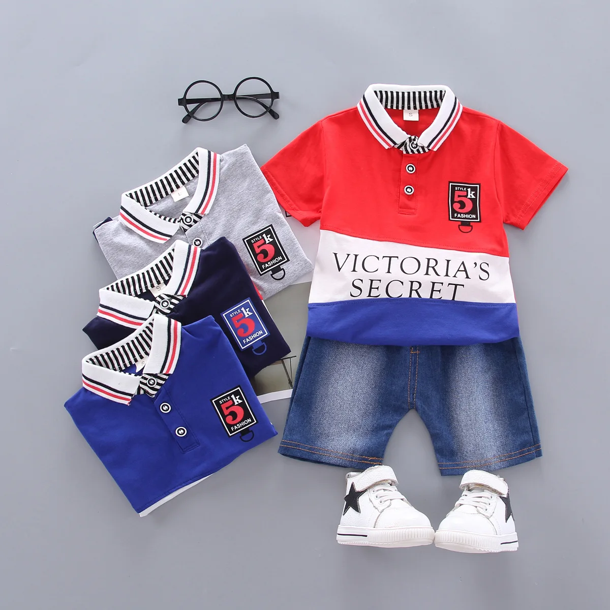 

BOY'S Suit 2020 Summer Korean-style Short Sleeve Set Children Children 5k Fold-down Collar Denim Shorts Two-Piece Set