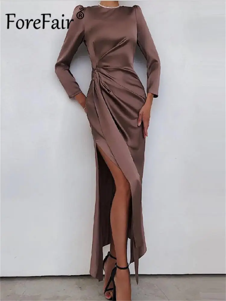 Forefair Long Sleeve O Neck Split Women Robe Maxi Dress 2021 Autumn