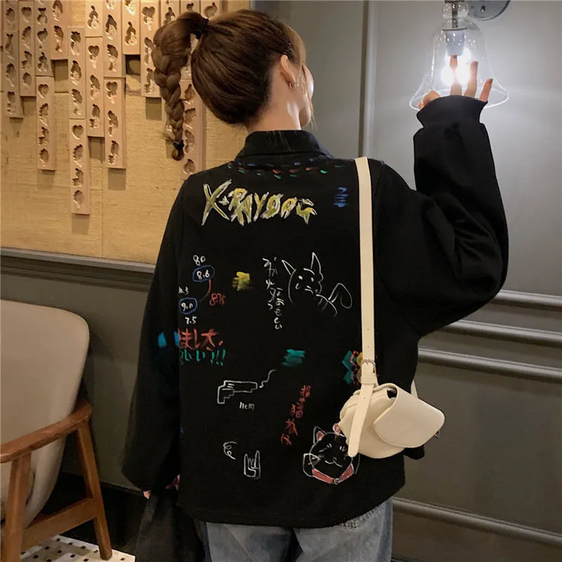 Harajuku Print Jumpers Fashion Streetwear Loose Kawaii Hoodie Women Casual TShirt Cartoon Long Sleeve Female Autumn High Street