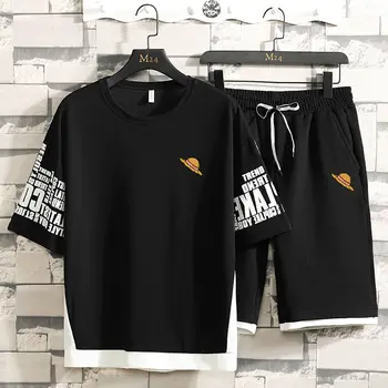 

LKSXSCL Suit men's short-sleeved T-shirt Japanese tide brand summer trend a set of sports and leisure plus size summer shorts