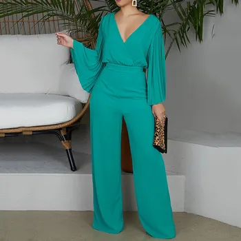 

Plus Size 2XL Sexy V-Neck Wide Leg Jumpsuit Pleated Sleeve High Waist Straight Pants Elegant OL Women Sets 2019 New Trendy