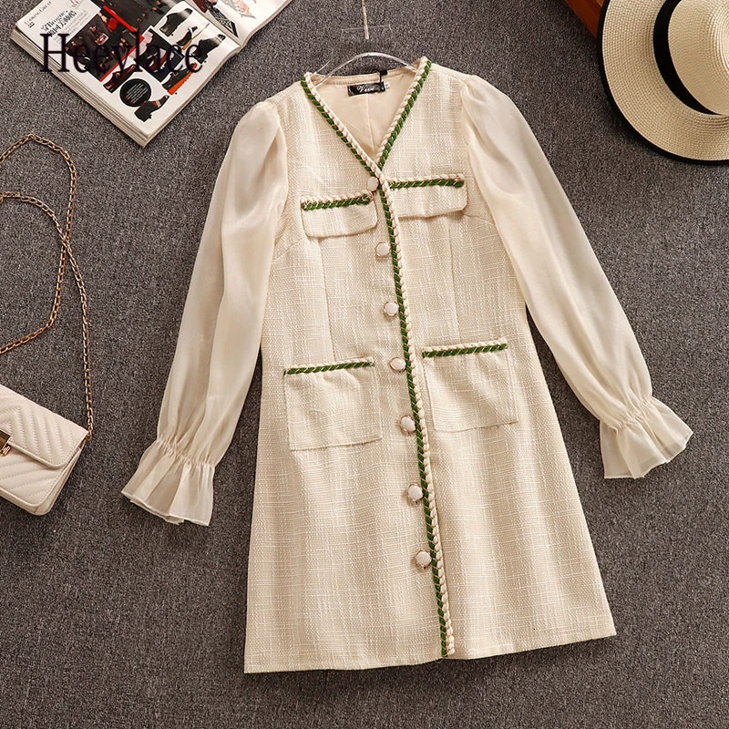 

Luxury Design 2019 Autumn Women's Long Sleeves V neck Button Dress Female Fashion Dresses tweed england style vestidos