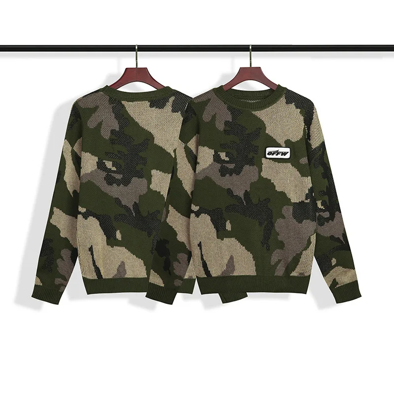 

2020 autumn and winter new European and American men's casual high version OFF green camouflage knitted sweater