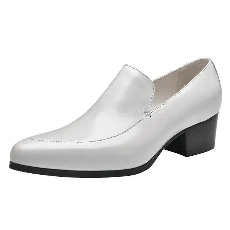 Mens High Heel Men Shoes Black White Genuine Leather Wedding Dress Shoes Pointed Toe Slip On Business Office Work Heighten