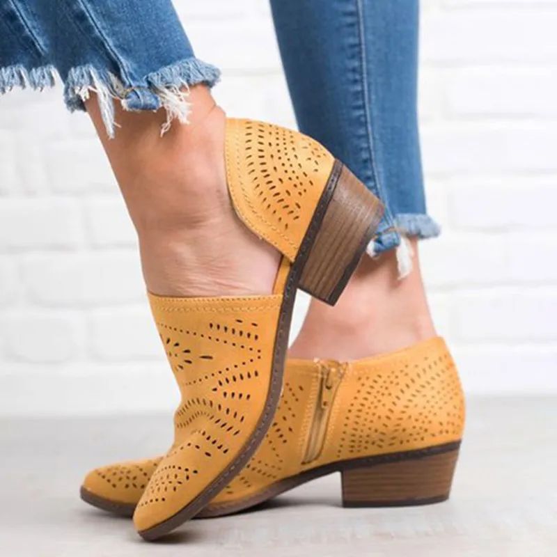 Houlife Fashion Spring Autumn Block PU Leather Colorful Women Boots Low Heel Hollow Out Ankle Boots Casual Ladies Shoes, 1Pair
