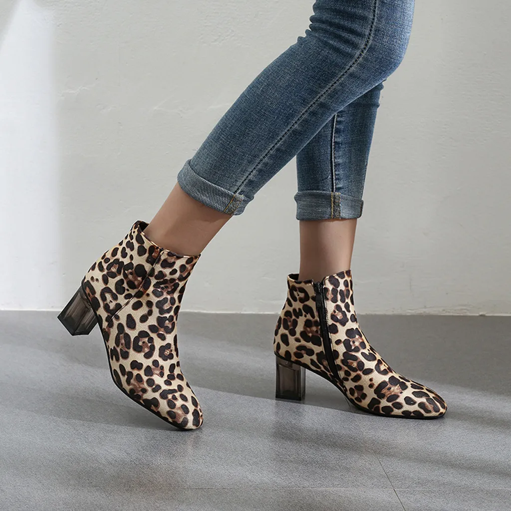 

Leopard Boots Women Square Heels Ankle Solid Rubber Adult Boots High-Heeled Flock Casual Shoes Woman Booties bota feminina
