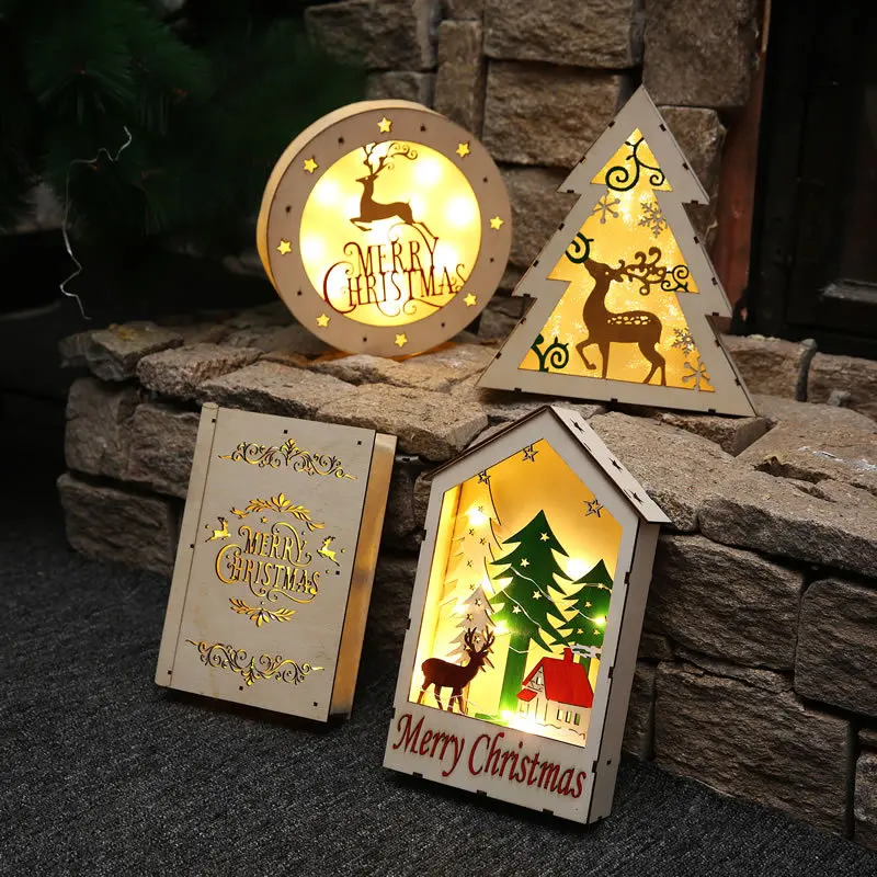 

1pc LED Wood Ornament Christmas Tree Shape Wood Light Elk Table Decor Creative Table Round Stars Elk Merry Christmas Household