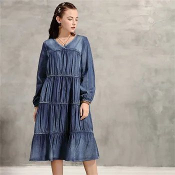 

Women Denim Draped Dress 2020 Vintage Spring Women's Dresses V-Neck Lantern Sleeve Loose Dress Vestidos Autumn Vestido Feminina