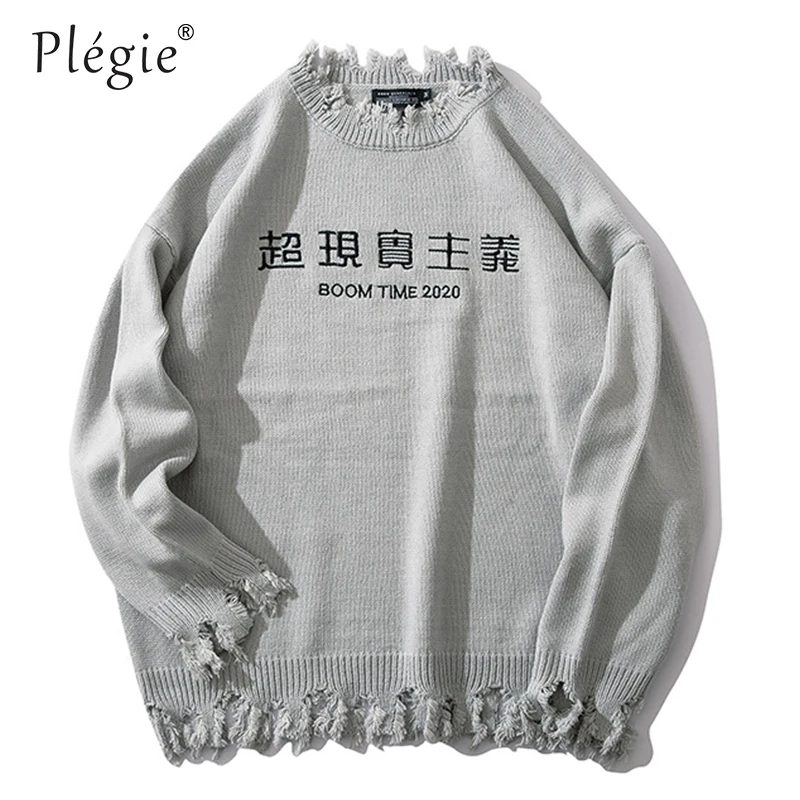 

Plegie Oversize Knitted Sweaters Men Vintage Couple Sweater Pullover Streetwear Autumn 2019 Male Ripped Loose Solid Sweaters