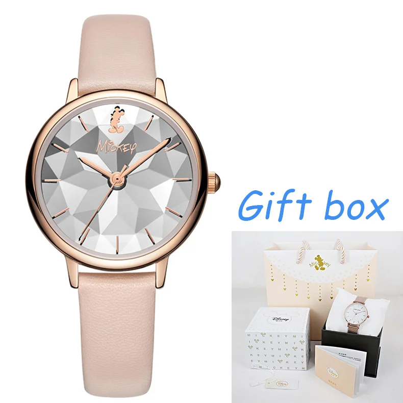 Disney кварцевые наручные часы Роскошные модные женские часы повседневные Элегантные часы с кожаным ремешком женские часы Reloj Mujer - Цвет: pink-gift box