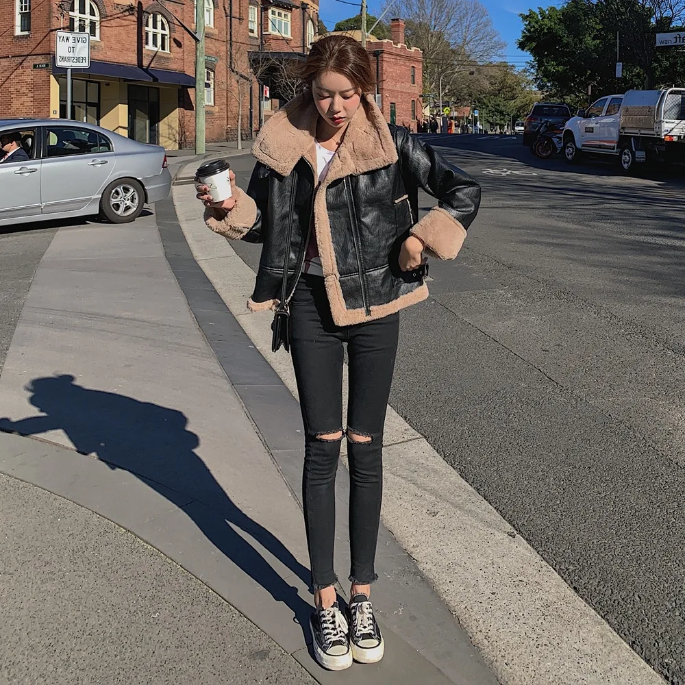 

Photo Shoot Fur Joint Lambs Wool Coat 2019 Winter New Style Vintage Handsome Workwear Pu Locomotive Leather Coat