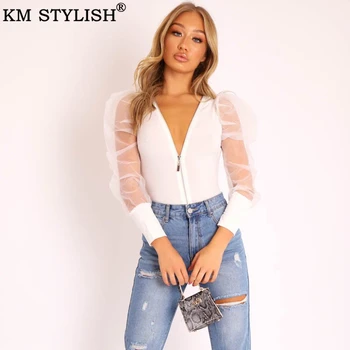 

New Women's Perspective Sexy V-Neck Bodysuit Splicing Zipper Up Bubble Long Sleeve Slim Rompers Black White Women Jumpsuit