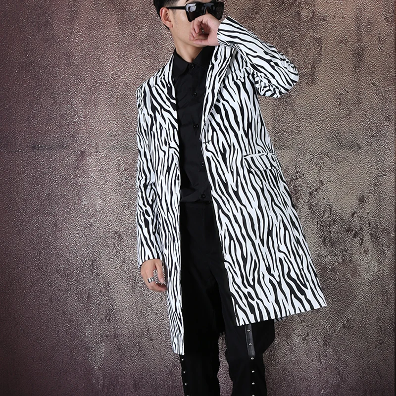 New Men Fashion Zebra Suit Jacket Mens Long Business Casual Suits Nightclub Tide Male Hair Stylist Coat Dj Stage Costume M-5XL