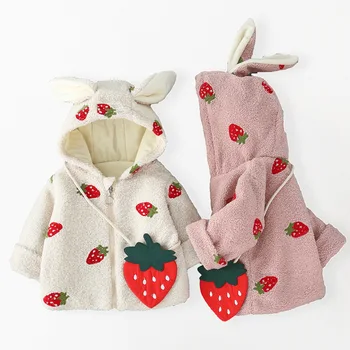 

pudcoco Baby Girls Long Sleeve Coat Autumn and Winter Fashion Cute Strawberry Embroidery Plus Velvet Warm Jacket 0-3 Years