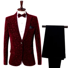 Boutique pattern business men's suit set wine red lapels slim suit men's formal wear wedding party clothing(coat+ pants