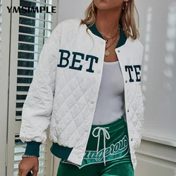 Women Stand Collar Green Letter Embroidery Bomber Jacket Autumn Winter Single Breasted Quilted Coats Varsity Jackets 2022 White