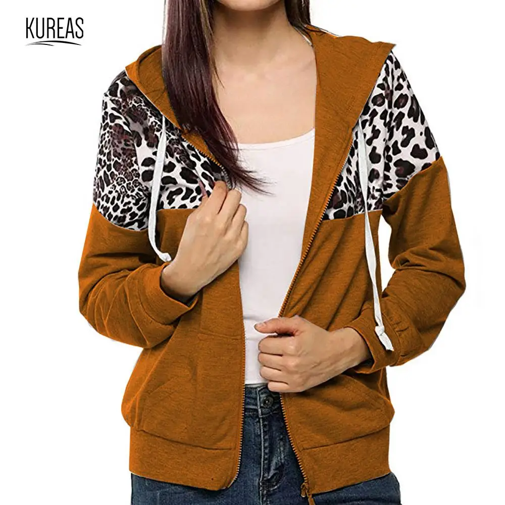 

Kureas Women Warm Hoodies Knitted Winter Autumn Cardigan Sweatshirt Jumpers Casual Outcoat Leopard Patchwork Female Tops
