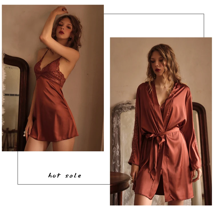 CINOON Sexy Silk Nightgown Embroidery Lace Bath Gown Nightdress Summer Sleepwear Wedding Night Dress Robe With Belt Home Clothes Nightwear (3)