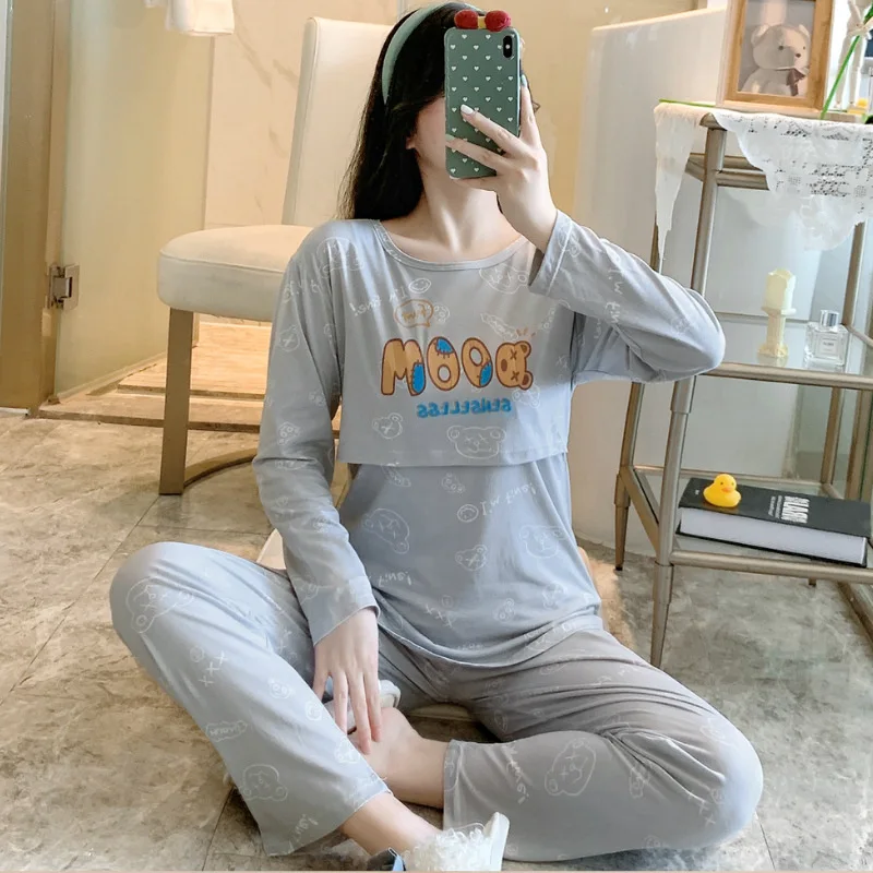 Postpartum woman lactation pajamas set autumn nursing leisurewear cartoon pregnant maternity breastfeeding tops long trousers