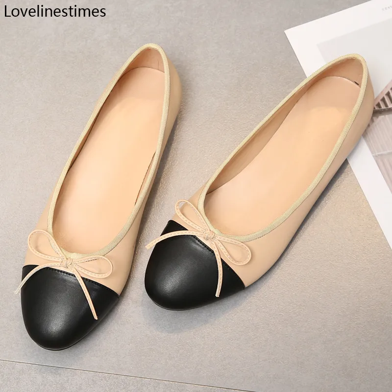 Shoes Women Cloth Fashion Flats Tweed Basic Round Two-Color Splice Bow Classic
