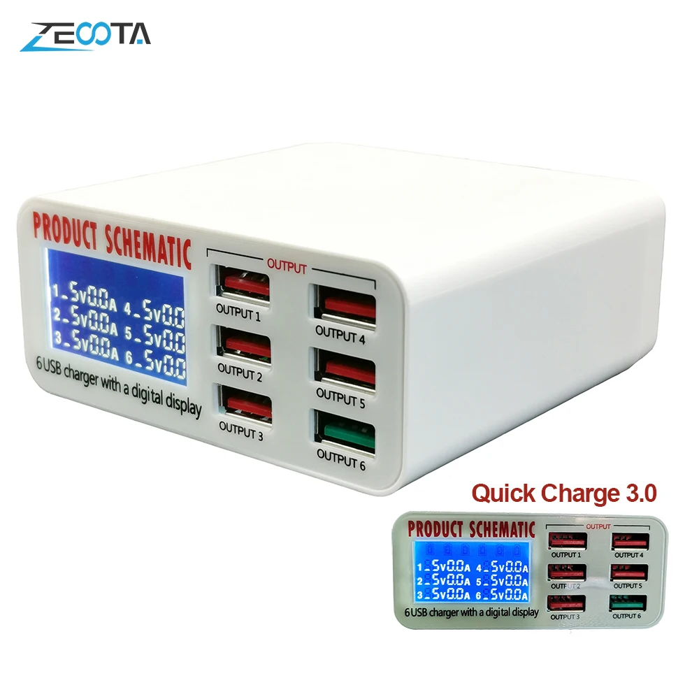 USB концентратор с 6 портами и светодиодным дисплеем 30 Вт 5 В/6 А|Зарядные