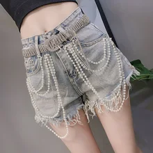 

Summer 2021 New Rhinestone Pearls Tassels Beads High Waist Denim Shorts Female Casual Wide Leg Jeans Chic Hot Shorts Women Blue