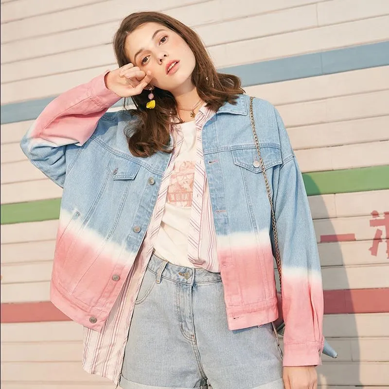 

2019 Spring New Gradient Short Denim Jacket Female Solid Turn-down Collar Jean Outwear Harajuku Long Sleeve Women Coats L0046