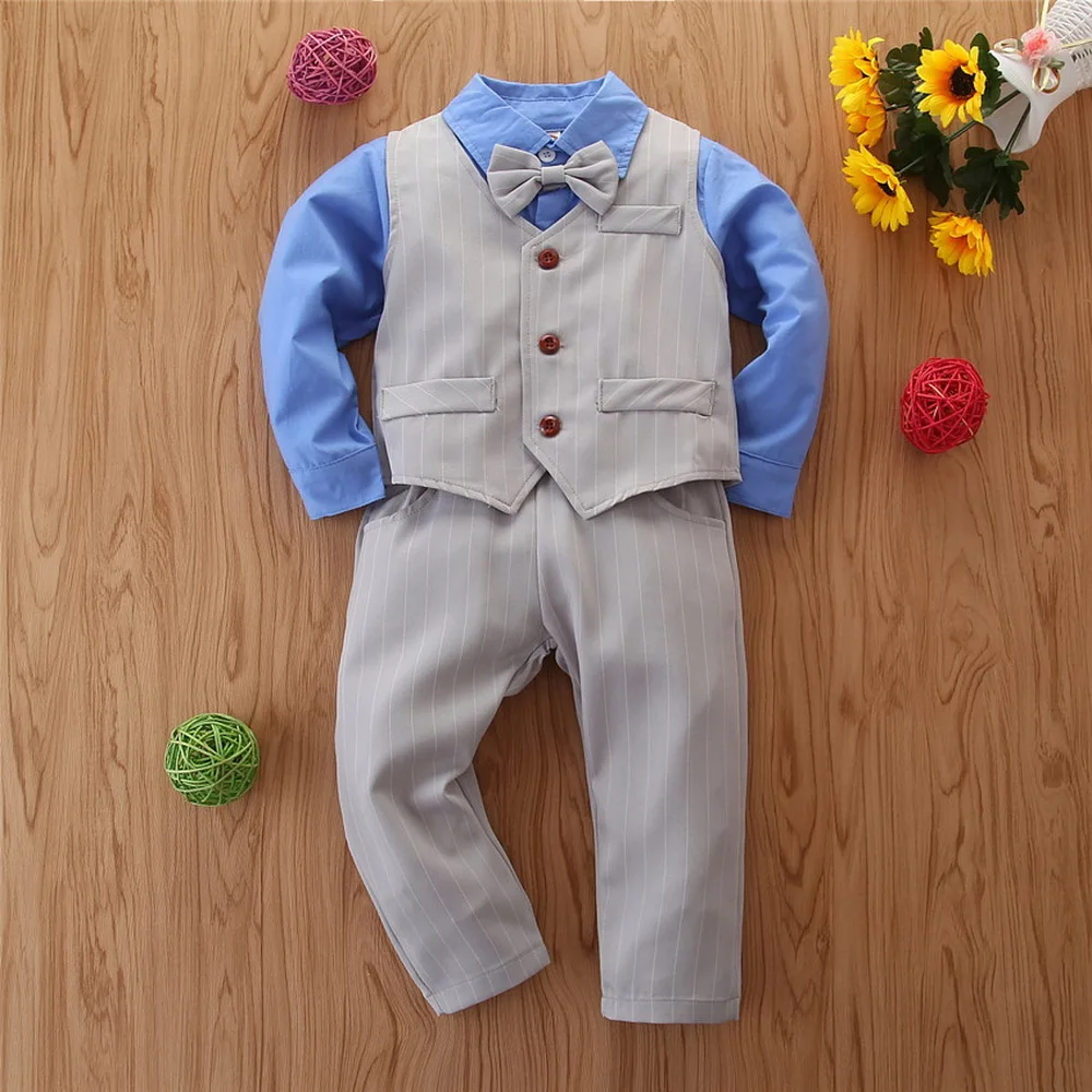 

Autumn Boys Preppy Style Long Sleeve Shirt + Vest + Pants Three-Piece Set Striped Shirt Collar Gentleman Boys clothes D30