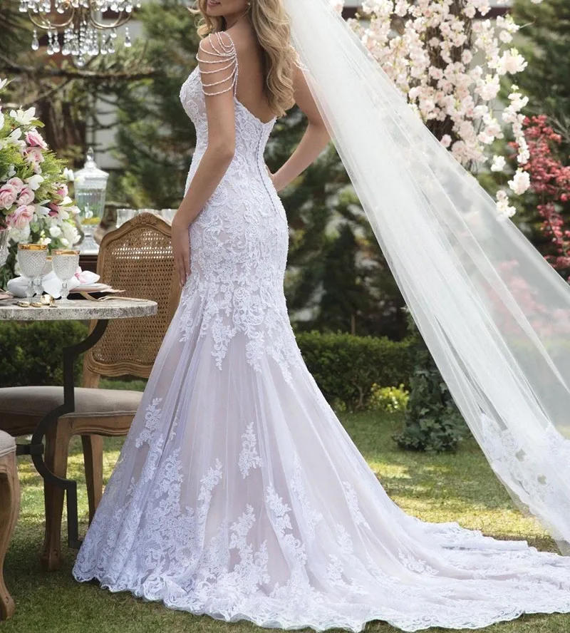 Роскошное кружевное свадебное платье русалки, романтическое свадебное платье с жемчужинами на бретелях, Vestido de Noiva
