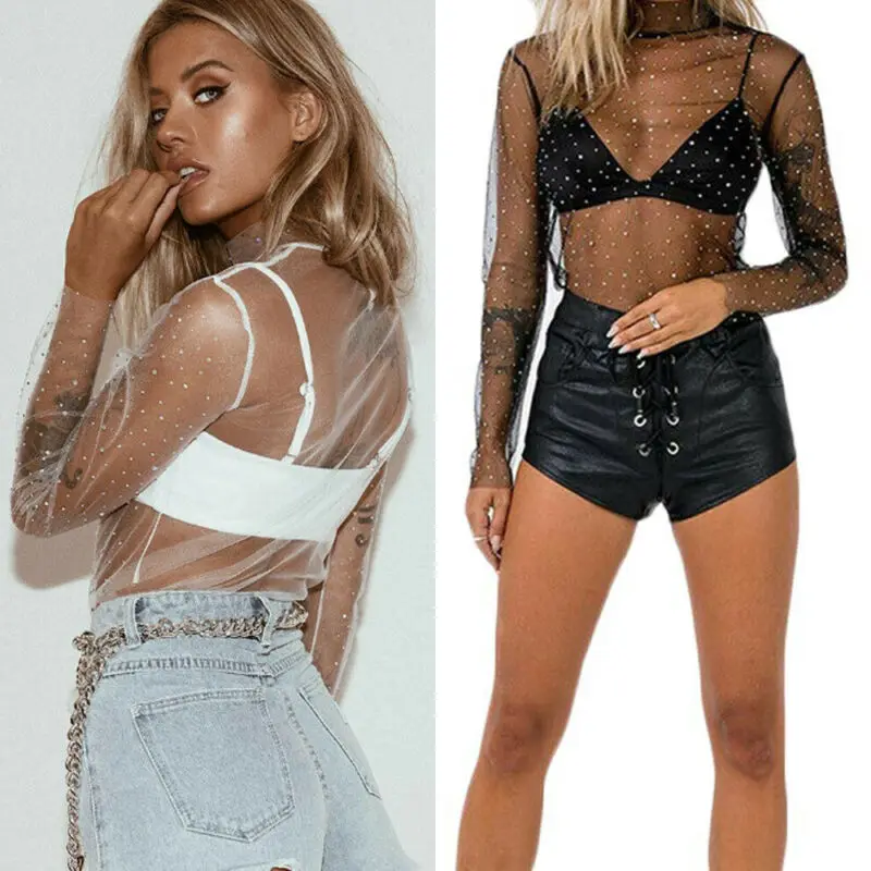 Sexy Women T Shirt See-through Mesh Sheer Long Sleeve Top Black White Clothes with Rhinestone Party Clubwear