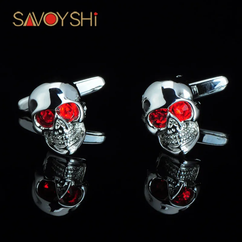 

SAVOYSHI Fashion Brand Mens Shirt Cufflinks High quality Red Crystal Silver color Skull Cuff links Halloween Party Gift Jewelry