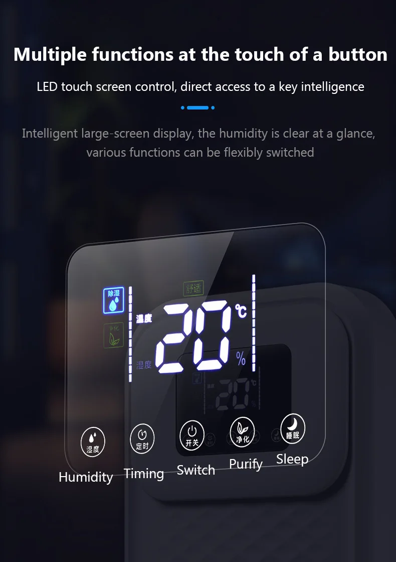 Description Picture 6 of item1.7L Intelligent Dehumidifier Constant humidity Setting Touch panel Remote control All-in-One Air Dryer Moisture Absorber Purify
