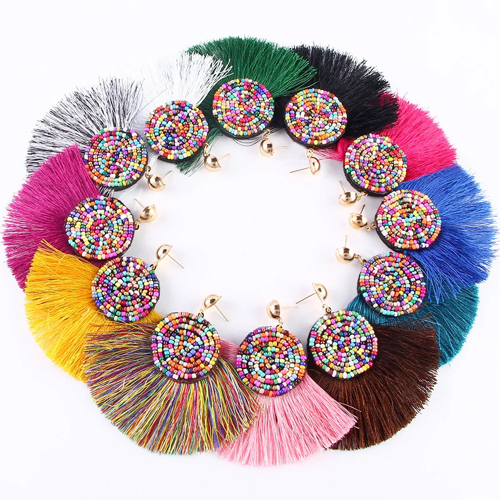 

2019 Fashion Rainbow Retro Bride Beadds Tassel Dangles Earrings for Women Bohemian Long Tassel Statement Big Trendy Jewelry