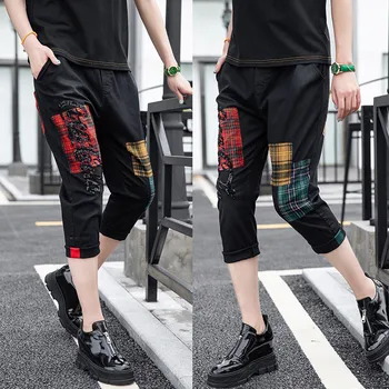 

Diamond plaid fabric stitching 2020 Women Casual Pants Cropped Capri Pants Female Summer Stretch Waist Tapered Stretchy Trousers