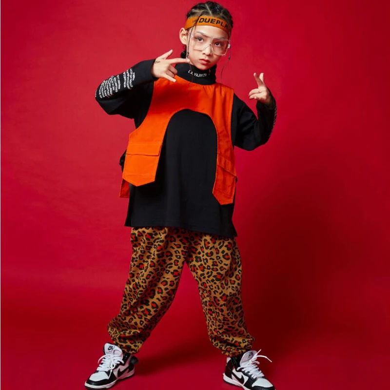 

Kids Hip Hop dancing Clothing Sweatshirt Crop Tops Leopard Print Streetwear Pants for Girls Boys Dance Costume Carnival Clothes
