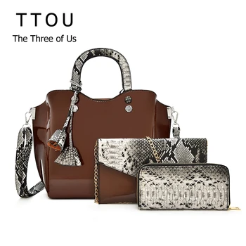 

TTOU Luxury 3 PCS/set Quality Leather Handbag Designer Serpentine Patchwork Shoulder Bags Lady's Messenger Bag Shipping Tote