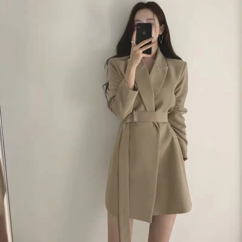 

Suit jacket female retro Hong Kong style Korean version loose Korean students waist design sense niche belt khaki suit