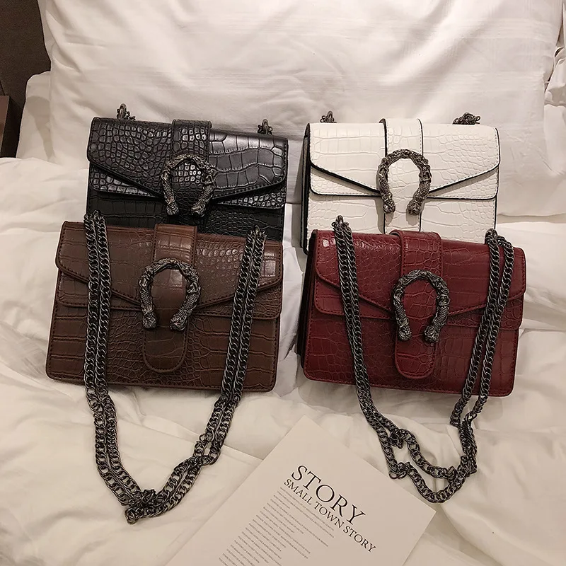 

2019 New Style Dionysian Korean-style Retro Stone Pattern Shoulder WOMEN'S Bag CHIC Chain Versatile Lock Square Sling Bag