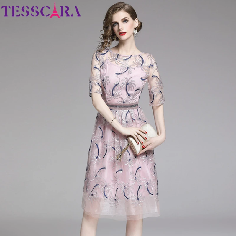 

TESSCARA Women Summer Luxury Embroidery Mesh Dress Female Wedding Party Robe Femme Designer High Quality Flower Girl Vestidos