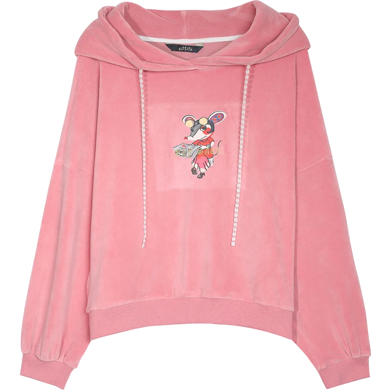Pink ELFSACK, розовый, однотонный, с принтом крысы, Повседневный, с капюшоном, женский свитер, зима, зеленый жемчуг, шнурок, корейский стиль, женские топы на каждый день - Color: Pink