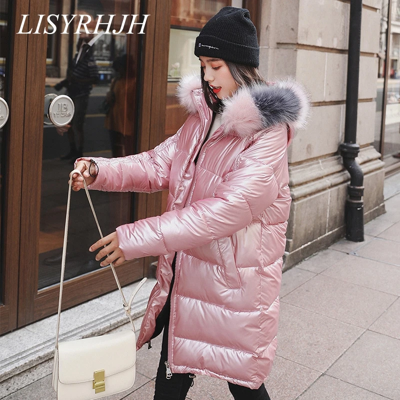 Высокое качество зимняя куртка женская теплая утепленная с капюшоном с меховым длинным пальто блестящая ткань стильная женская парка - Цвет: Розовый