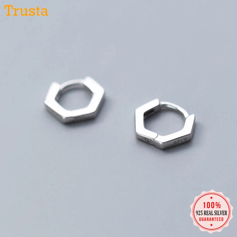 

Trusta 100% 925 Solid Sterling Silver Hoop Earring Hexagon Ear Cuff Clip On Earrings For Men/Women Girl Teen Gift Jewelry DS1300