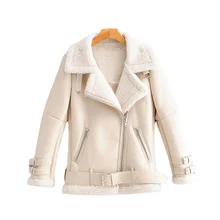 Autumn Winter Pu Motorcyle Biker Outerwear Faux Lamb Leather Jacket Warm Windproof Turn Down Collar Sheepskin Coat Women