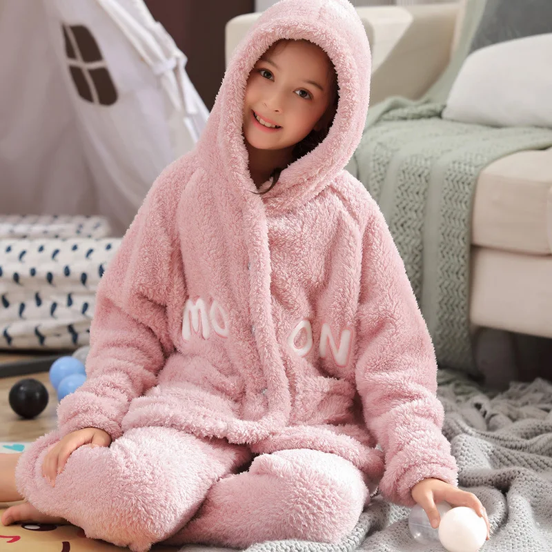 

Girls' Pajama Hooded Long Velvet Winter Big Kid Thick Autumn And Winter Homewear Set Children Coral Velvet Pajamas